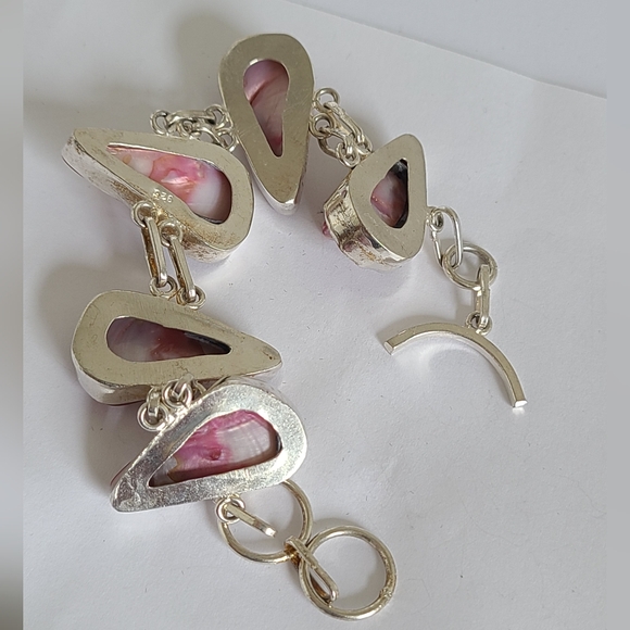 Vintage Boho Pink Pearl Shell Chunky Sterling Silver Chain Bracelet - Picture 9 of 9